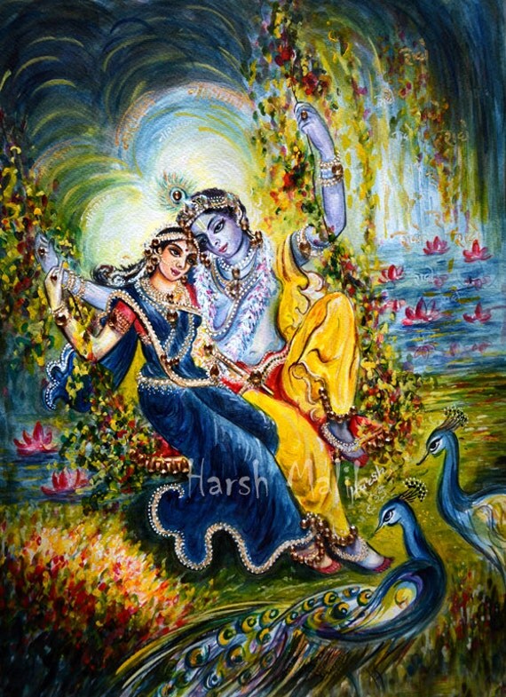 Radha Krishna Original Painting Jhula Leela Divine By Sadashivarts