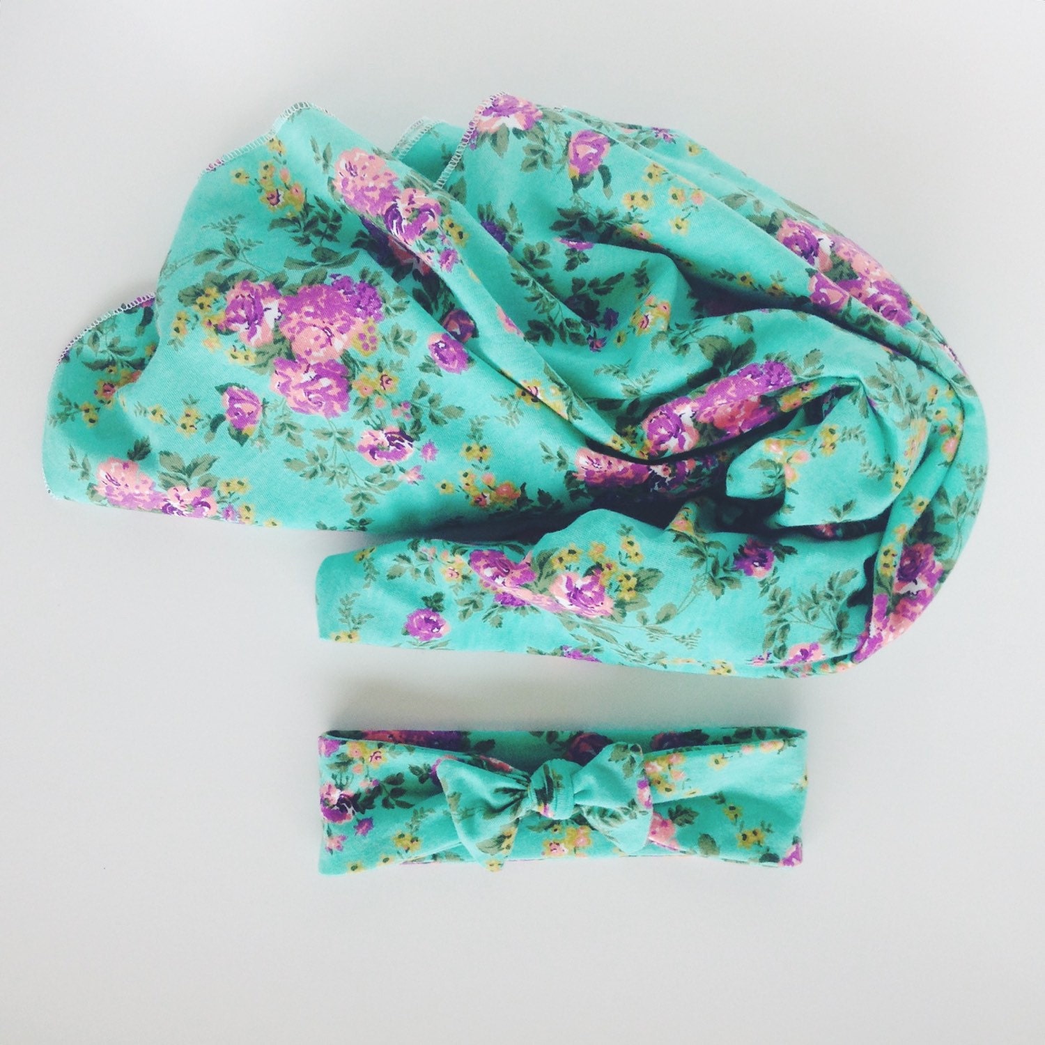 Mint Floral Swaddle Blanket and Headband Set / Knit Swaddle