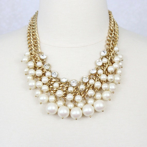 Chunky Pearl Necklace Cluster Pearl Necklace Rhinestone Bib