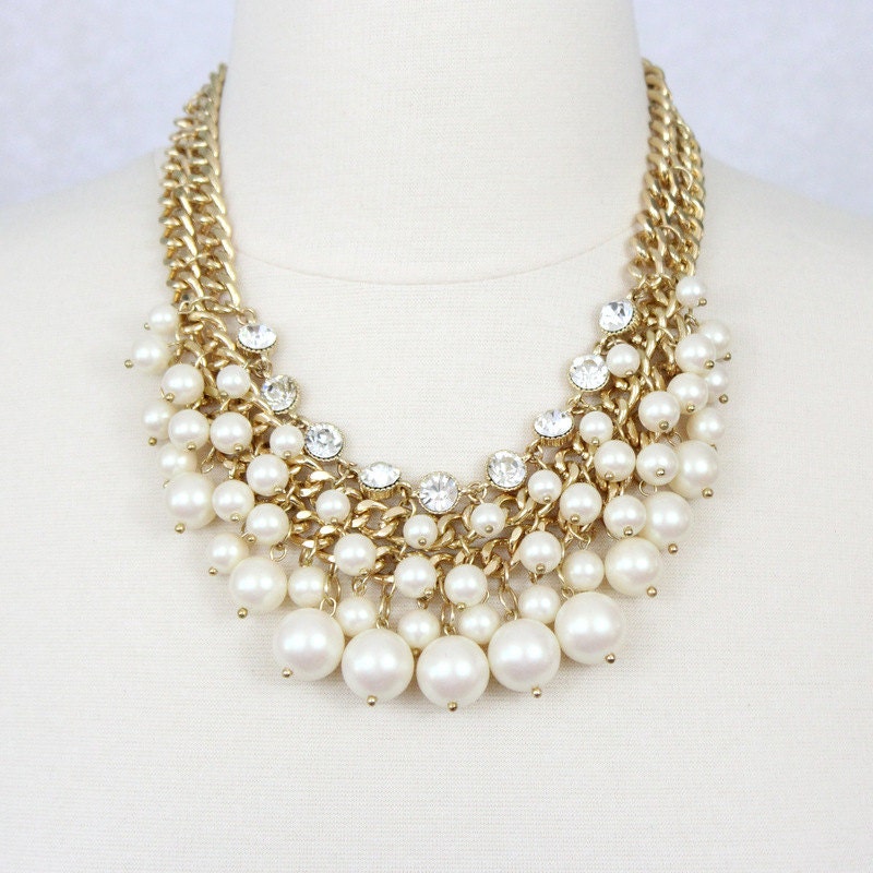 Chunky Pearl Necklace Cluster Pearl Necklace Rhinestone Bib