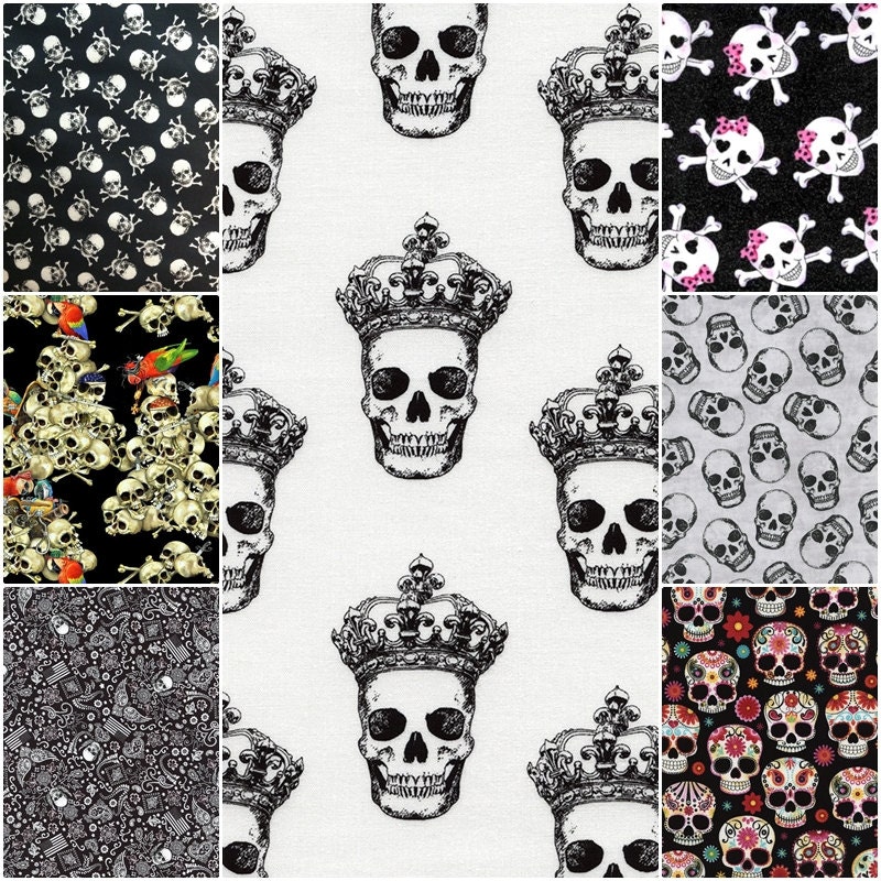 Skulls Crossbones & Sugar Skulls Cotton Fabric by CarolinaCottonCo