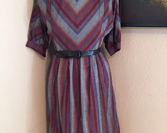 Office Romance Dress - Vintage Secretary Dress - Size Medium - Large - Vintage Striped Dress - Vintage Belted Dress - Chevron Dress
