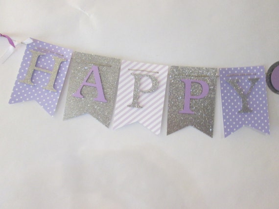 Purple and glitter silver Happy birthday banner first