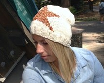 Copper Star Beanie, Winter White Slouchy Beanie with Large Star, Hand Knit Hat, - il_214x170.807161957_tr1j