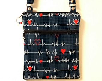 Crossbody Nurses Purse,Heart Beat Print,Nurses Bag,Shoulder Nurse Bag, Front Lined Zipper Pocket, 68" Adjustable Strap Nylon/Cotton Lining.