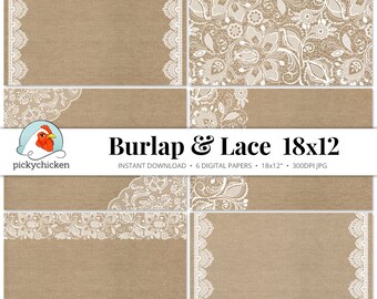 Burlap & Lace Digital Paper 18x12 - rustic printable placemat wedding country shabby chic 11x17 12x18 30.5x45.7cm photography backdrop 7004