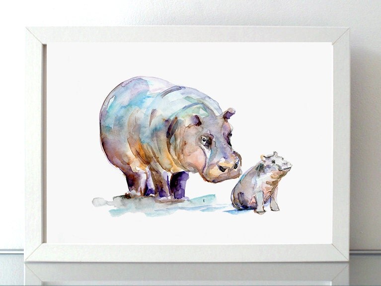 Hippo Watercolor giclee print Mother and baby hippopotamus