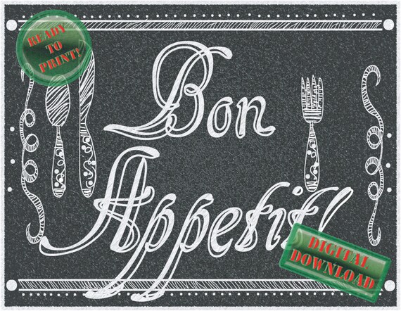 French Bon Appetit Sign Chalkboard Style Printable Black White