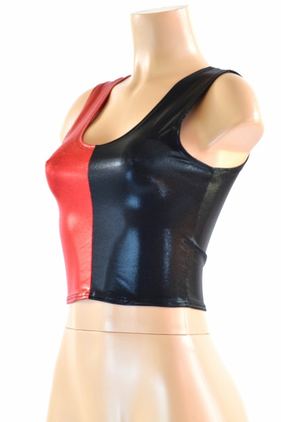 Red & Black Metallic Harlequin Tank Crop Top Harley Quinn -151515