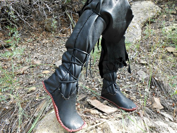 Black Moccasin Boots Handmade Leather Tall Mocs Custom Hand