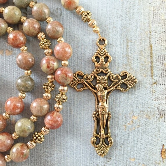 Catholic Rosary Autumn Jasper Beads Holy Communion Vintage