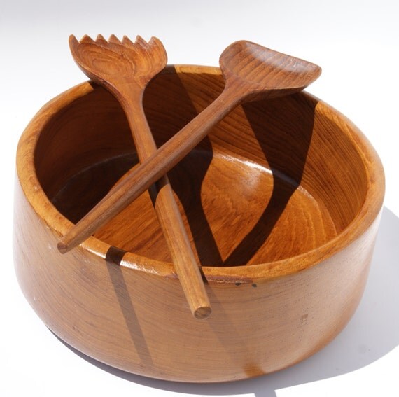 Mid Century Modern Wood Salad Bowl Set