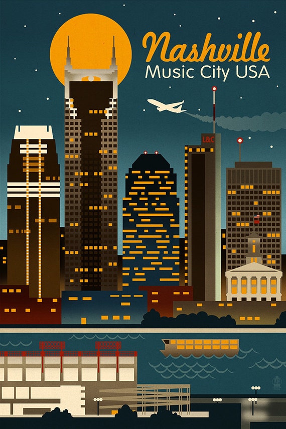 Retro Skyline Nashville Tennessee Art Prints available in