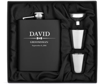 Engraved 7oz Matte Black Stainless Steel Hip Flask Funnel Shots Gift Set Box Wedding Bow Tie Personalized Custom Groomsman Best Man Wedding