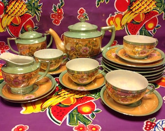Beautiful delicate Japanese luster ware tea set-floral design with gold accents