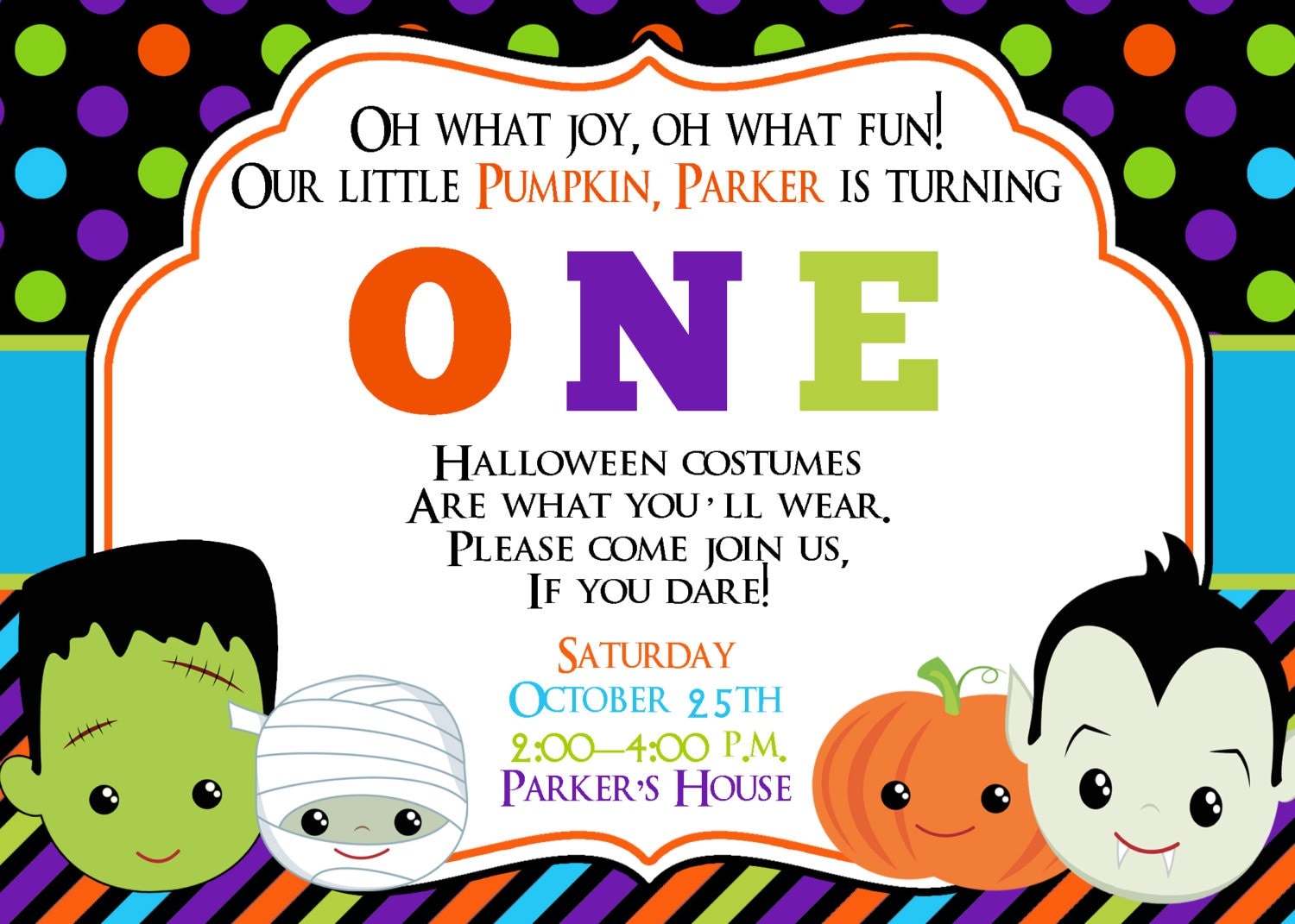 First Birthday Halloween Party Invitation Halloween Birthday