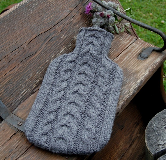 Hand knitted hot water bottle cover cosy/ cozy with cable