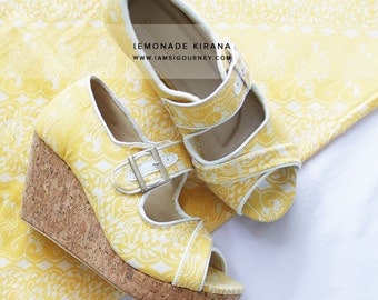 Lemon-colored Open Toe Slip On Batik Wedges
