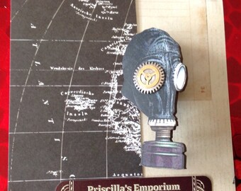 Steampunk;gas Mask;post apocalyptic;brooch;brooch;pin;laser cut wood;are you my mummy;Dr Who;Bioshock;COD;half-life;mixed media;collage