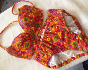 Vintage 60's/ 70's dead stock "Triumph" bathing suit, bikini, orange printed cotton lined with white cotton made in Austria