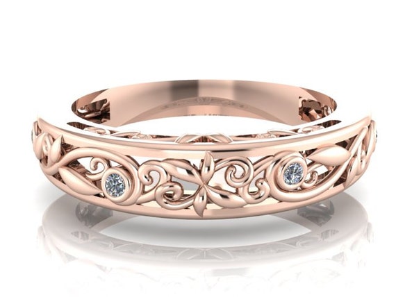 Vine Wedding Band Diamond Bridal Ring Rose Gold Matching