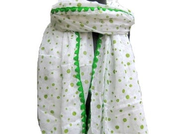 Polka dots scarf/ cotton scarf/ green scarf/ crochet border scarf scarf/ gift scarf / white scarf/ / gift ideas.
