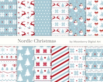 Blue Nordic Christmas Digital Papers "NORDIC CHRISTMAS PAPERS" Christmas Papers Deer,Horns,Snowflakes, Christmas Tree,Nordic Papers.
