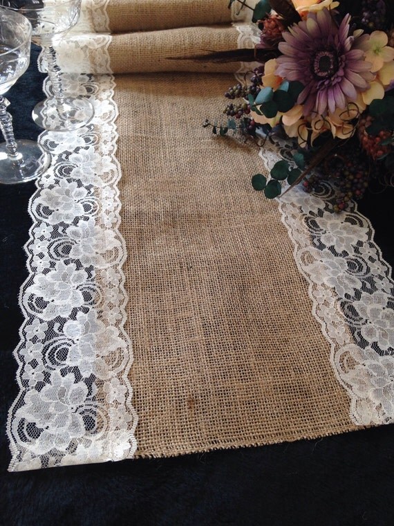 Burlap and IVORY Lace Table Runner Wedding by DawnWeddingDesigns