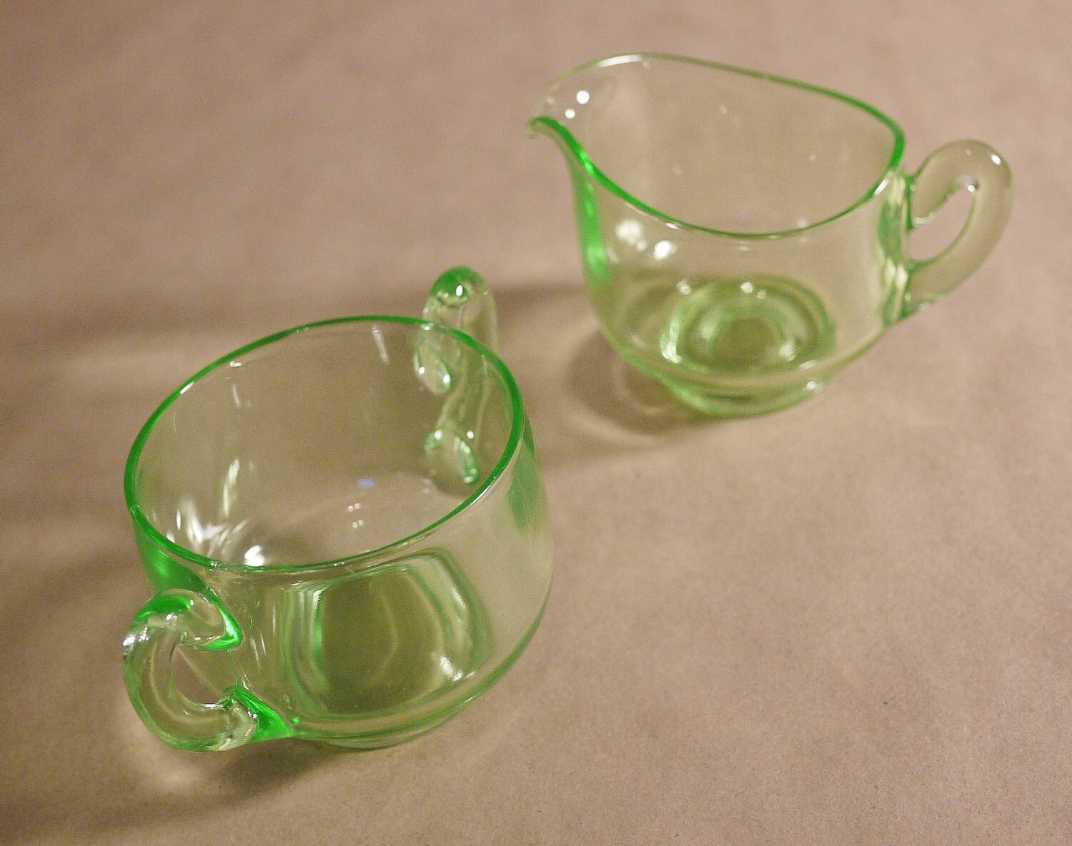 Vintage Green Uranium Vaseline Depression Glass Sugar and Creamer
