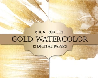 Gold Watercolor Digital Papers - gold glitter watercolor metallic sparkle paint backgrounds for scrapbooking, wedding invitations, cards