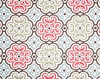 Coral Grey & Brown Mosaic Fabric by the Yard, Designer Home Decor Fabric, Coral Cotton Drapery Fabric or Upholstery Yardage, Coral R107