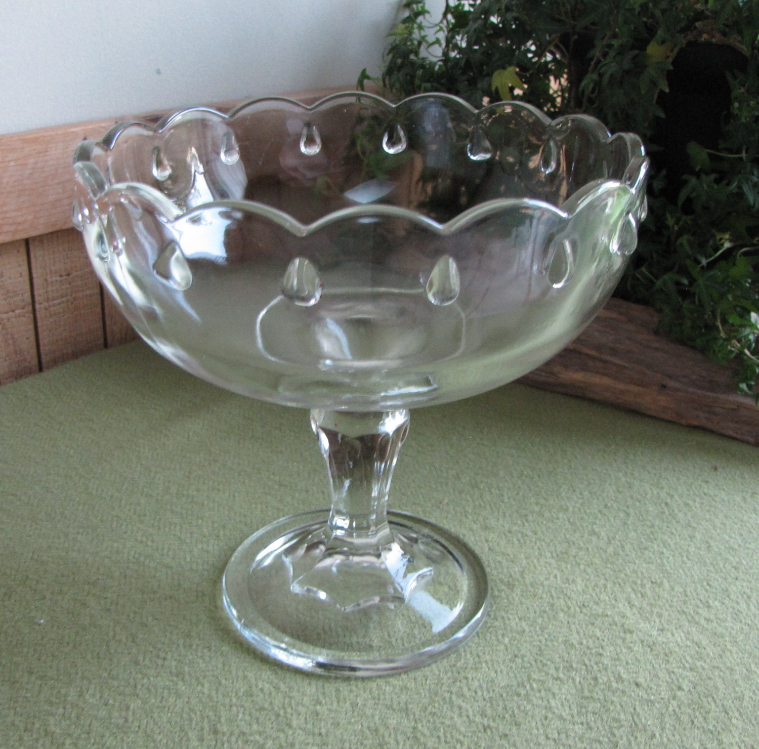 Teardrop Compote Clear Glass Footed Bowl Indiana Glass