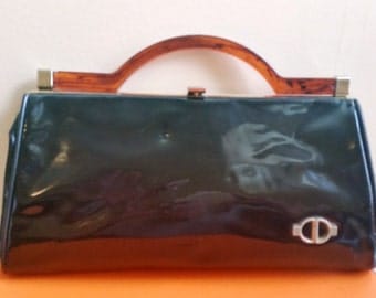 Vintage Black Patent Leather Handbag Great Tortoise Handle