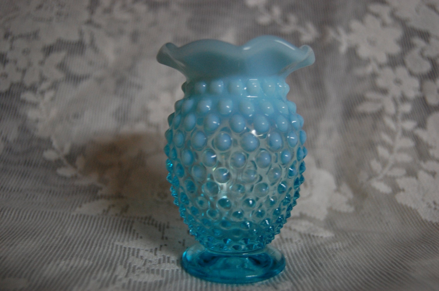 Fenton Blue Opalescent Hobnail Ruffled Vase