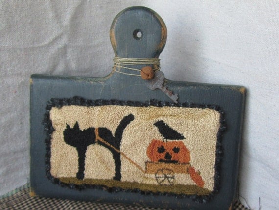 Primitive Needle Punch Halloween Folk Art on Horn Book ~ Cat with Pumpkin & Crow