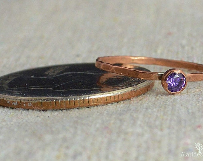 Dainty Copper Amethyst Ring, Copper Ring, Stackable Copper Rings, Mother's Ring, February Birthstone Ring, Raw Copper Ring, Amethyst Ring