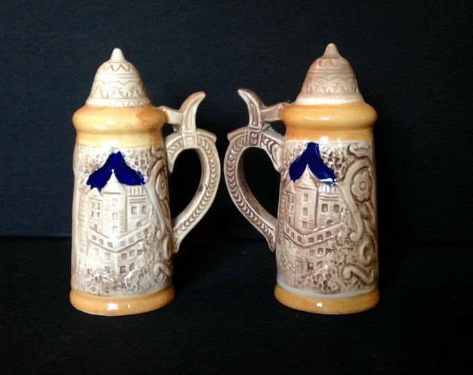 Storewide 25% Off SALE Vintage German Beer Stein Inspired Porcelain Salt & Pepper Shakers Featuring Hearst Monument San Simeon California Pa