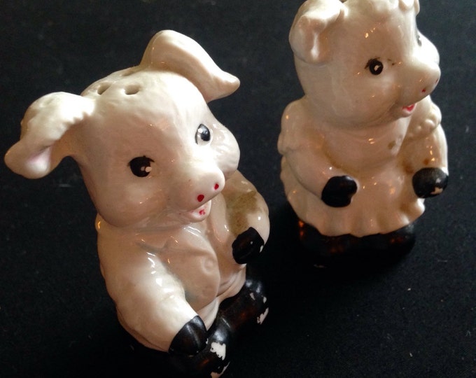 Storewide 25% Off SALE Vintage Mid Century Matching Porcelain Farm Pig Salt & Pepper Shakers Featuring Glaze Painted Designs