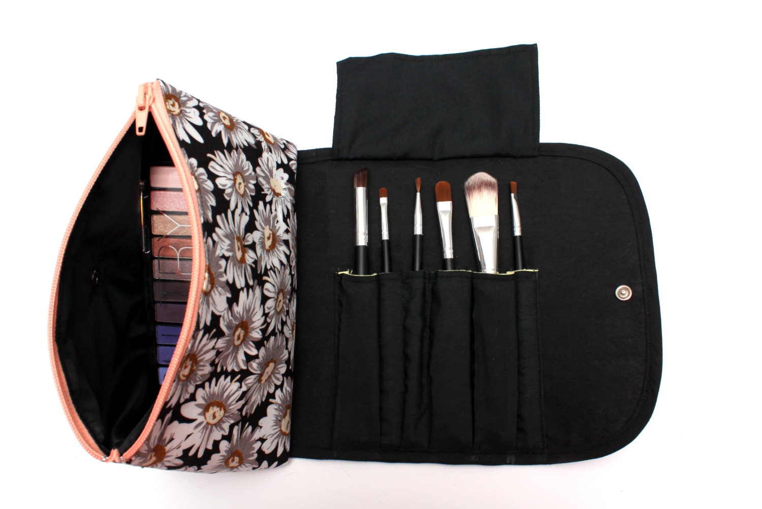 Large Floral Makeup Bag with a Brush Holder Flap and Snap
