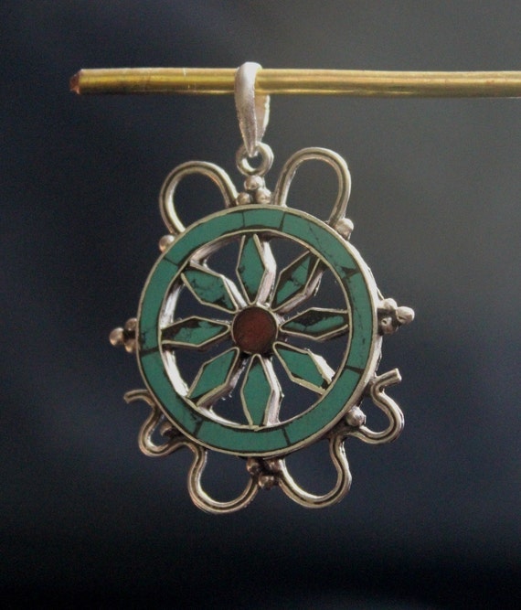 925 Sterling Silver Dharmachakra Pendant Tibetan Handmade in