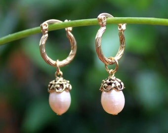 Pearl Hoop Dangle Earrings.Freshwater Pearl Drop.Gold Filled.Wedding.Valentine.Mother's.Bridal.Birthday.Graduation.Holiday.Gift. Handmade.