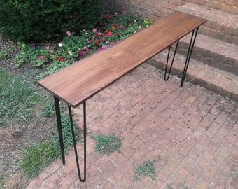 Beautiful honey brown poplar console table sofa table with black hairpin legs