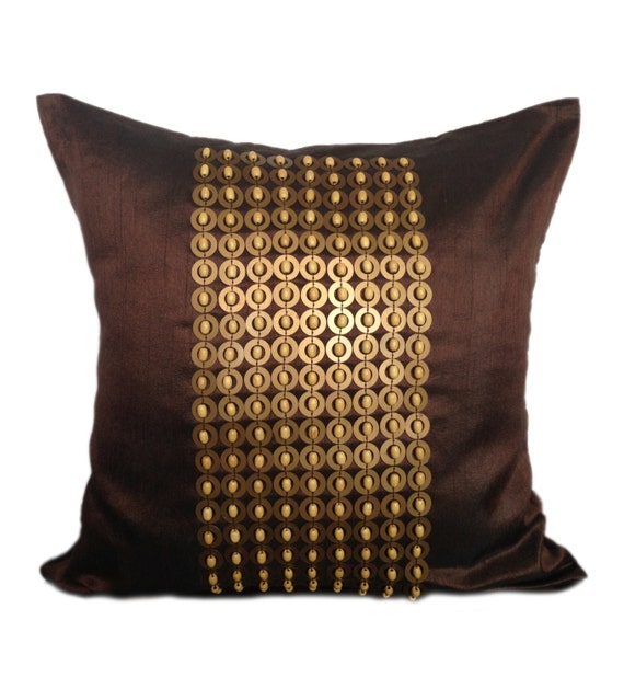 Brown Throw Pillow with Gold Sequin and by TheWhitePetalsDecor