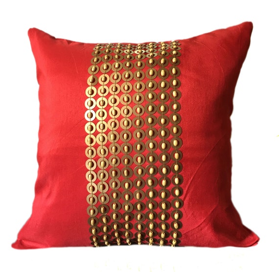 Red Throw Pillow with Gold Sequin and Wood by TheWhitePetalsDecor