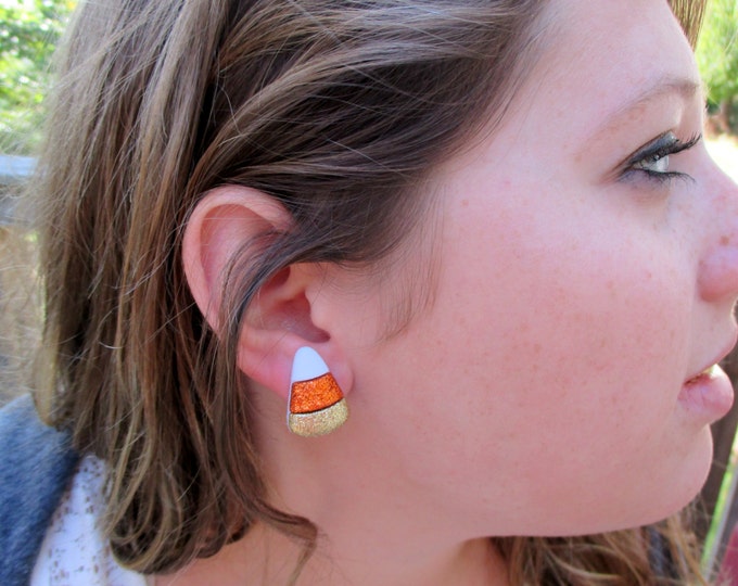 Candy corn earrings-Halloween jewelry-fall earrings-clip on earrings-sparkly candy studs-nickel free-kids-teens-girls-Fall party favors-cute