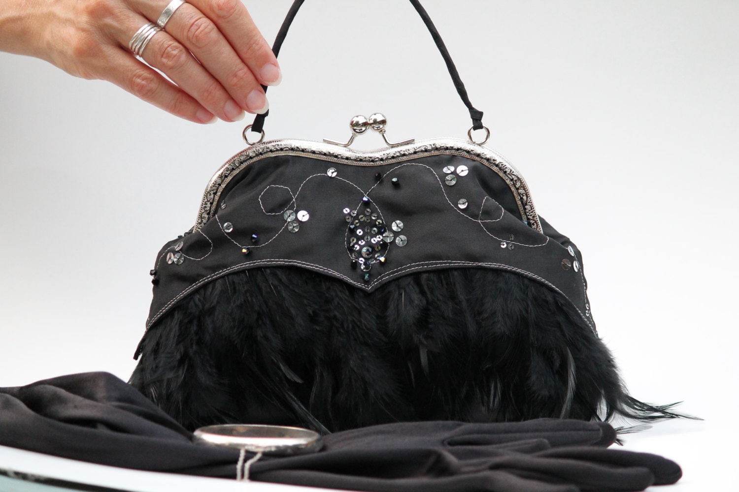 Black Feather Purse Black Evening Bag for New Year's or