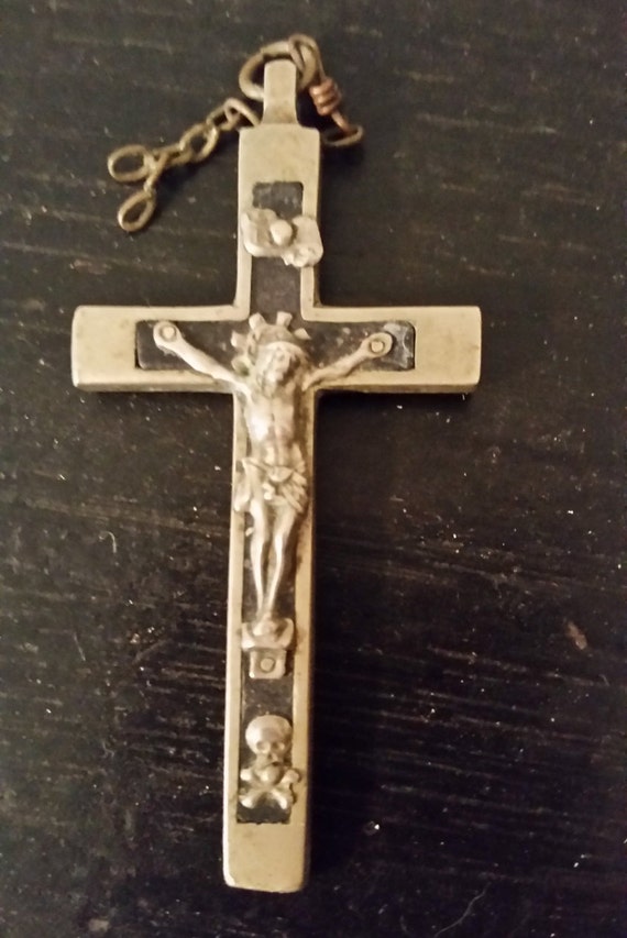 Crucifix Vintage Wood Inlay Golgotha Skull Bones and Sacred