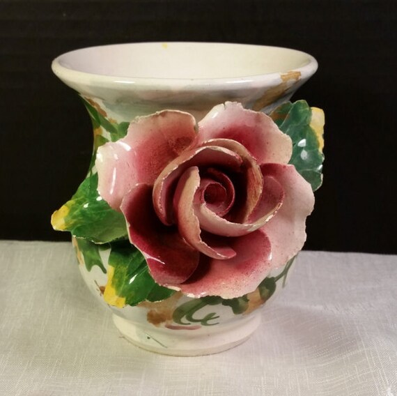 Italian Short Pottery Vase Vintage 3D Pink Rose Hand Painted