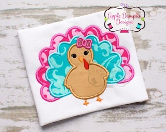 Thanksgiving Girl Turkey with Hair Bow Appliqué Machine Embroidery Design, Girly, Cute, Girl, Fall, Autumn, Pumpkin, 4x4, 5x7, 6x10, 9x9