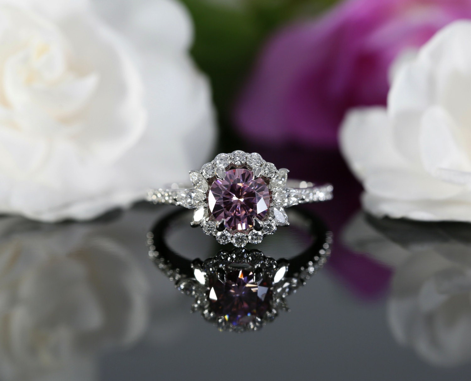 6.5mm Pink Moissanite Halo Engagement Ring with Diamonds